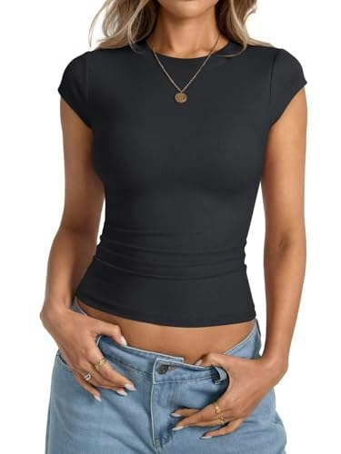 EasyGala Women's Cap Sleeve Ribbed Crew Neck Shirt: $8.17