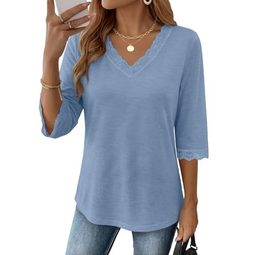 Aizhineng Women's 3/4 Sleeve Lace V-Neck Blouse: $14.98