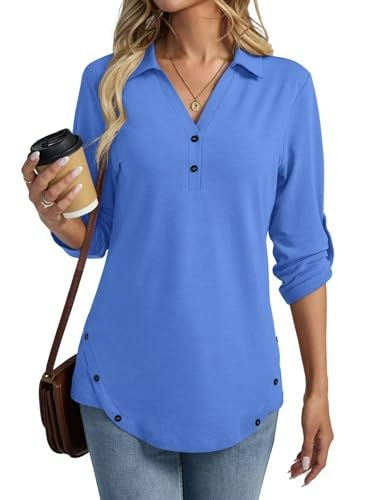 Ticticmiss Women's Collared V-Neck Rolled 3/4 Sleeve Tunic: $7.99