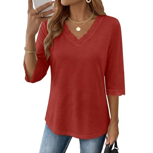 Aizhineng Women's 3/4 Sleeve Lace V-Neck Tunic Blouse: $14.98 Aizhineng Women's 3/4 Sleeve Lace V-Neck Tunic Blouse: $14.98