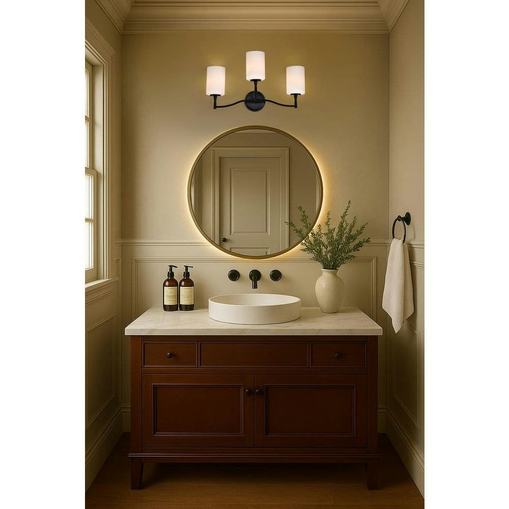 Liam 22-Inch 3-Light Matte Black Vanity Light with White Opal Glass Shade: $211.99