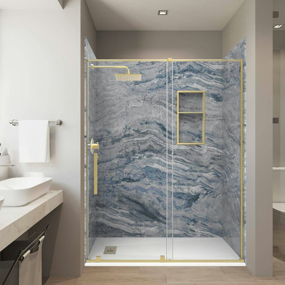 32" x 60" x 84" Composite Stone Alcove Shower Wall and Base Kit with Door, Niche, and Drain: $2,999 32" x 60" x 84" Composite Stone Alcove Shower Wall and Base Kit with Door, Niche, and Drain: $2,999