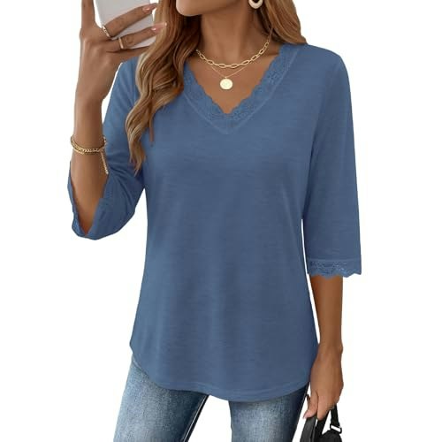 Aizhineng Women's 3/4 Sleeve Lace V-Neck Tunic Blouse: $9.99 Aizhineng Women's 3/4 Sleeve Lace V-Neck Tunic Blouse: $9.99