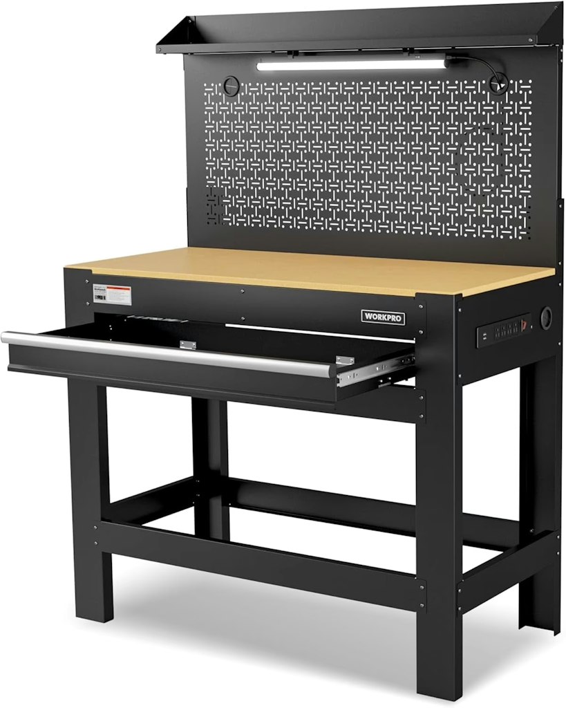 WorkPro 45" Garage Workbench w/ Power & Pegboard: $229