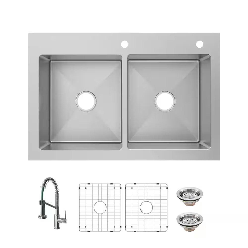 Glacier Bay Tight Radius 33" 50/50 Double Bowl Kitchen Sink w/ Spring Neck Faucet: $269