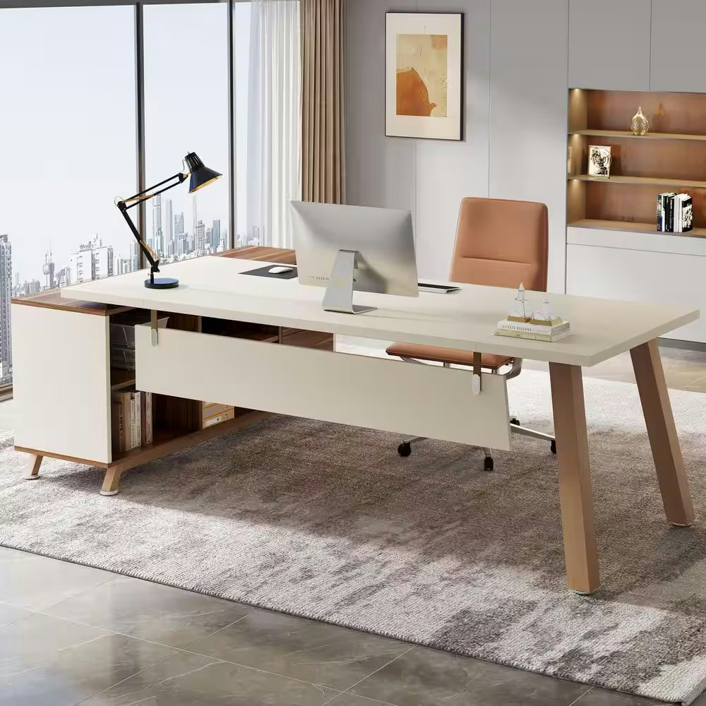 Byblight Lanita 71" L-Shaped White Wood 2-Drawer Executive Desk w/ Cabinet: $172 in cart