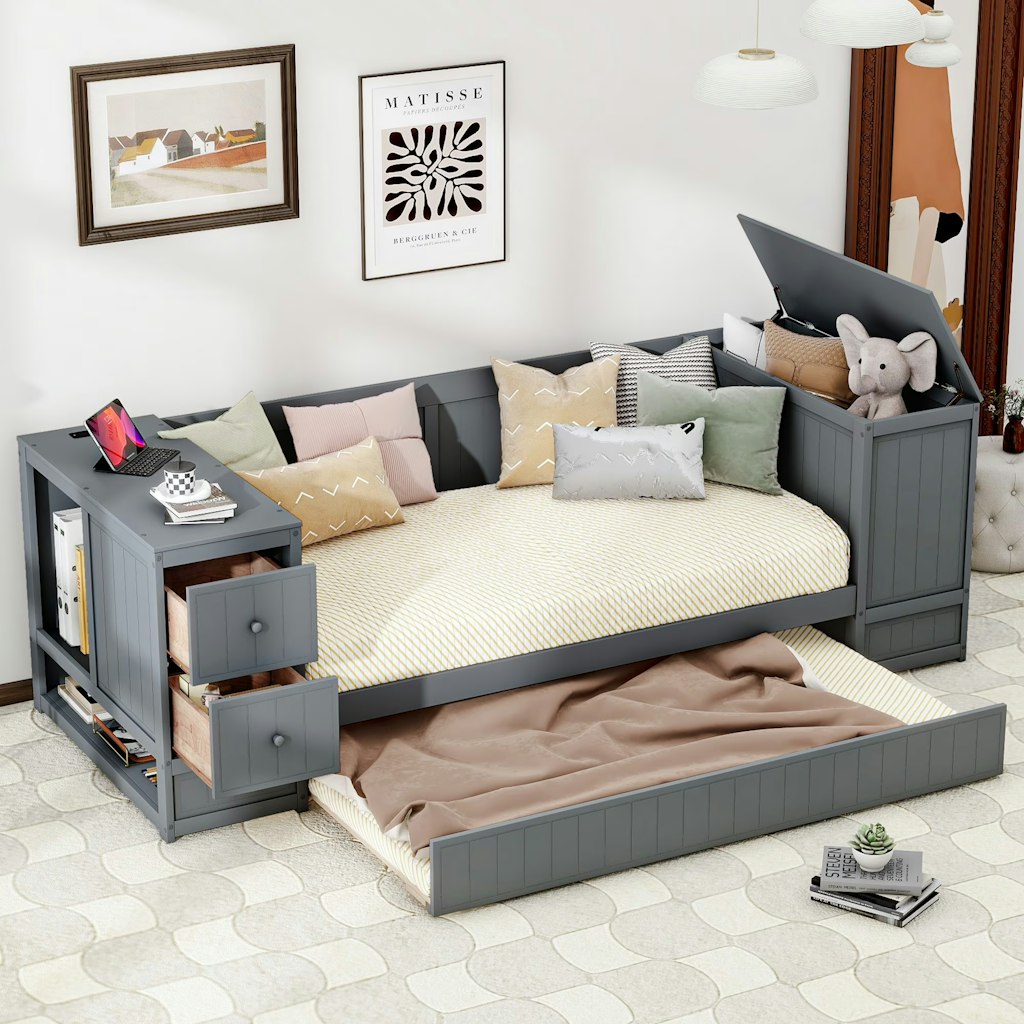 Euroco Wood Twin Size Daybed w/ Trundle & Storage Cabinets: $250 Euroco Wood Twin Size Daybed w/ Trundle & Storage Cabinets: $250