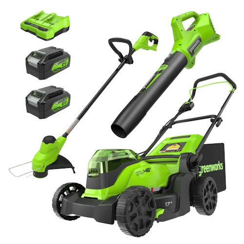 Greenworks 24-Volt Cordless String Trimmer, Leaf Blower, & Lawn Mower Combo for $300 + free shipping