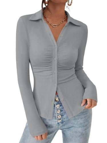 Prettygarden Women's V-Neck Ruched Button-Down Long Sleeve Polo Shirt: $26.98 Prettygarden Women's V-Neck Ruched Button-Down Long Sleeve Polo Shirt: $26.98