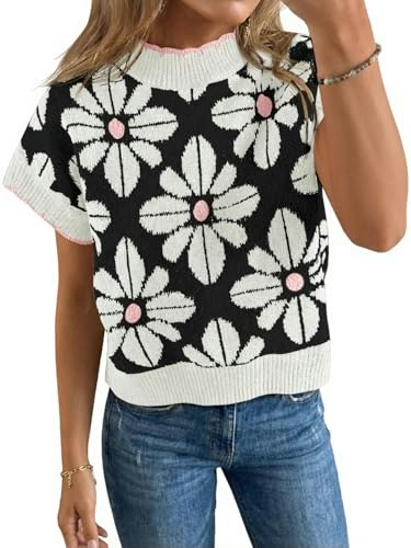 Saodimallsu Women's Short Sleeve Floral Knit Sweater: $25.49