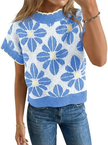 Saodimallsu Women's Floral Short Sleeve Knit Pullover Sweater: $25.49