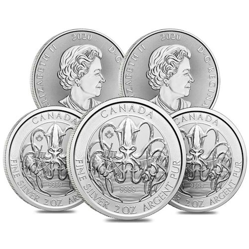 Lot of 5 2020 Royal Canadian Creatures of the North The Kraken 2-oz. Silver Coins for $747 + free shipping