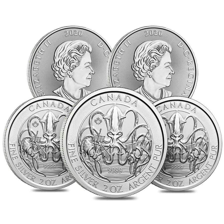 Lot of 5 2020 Royal Canadian Creatures of the North The Kraken 2-oz. Silver Coins: $747