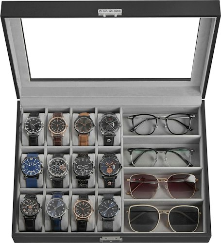 Songmics 16-Slot Watch & Sunglasses Box w/ Glass Lid for $18 + free shipping w/ Prime