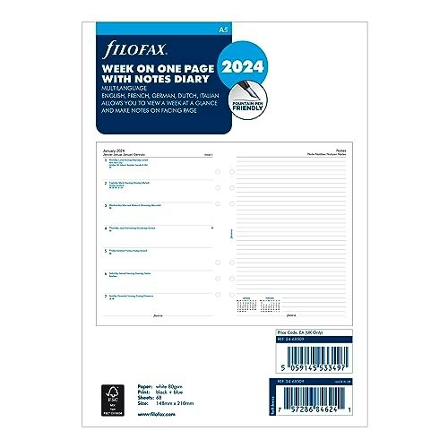 Filofax 2024 A5 Week-on-One-Page Diary Refill: $25.58 Filofax 2024 A5 Week-on-One-Page Diary Refill: $25.58