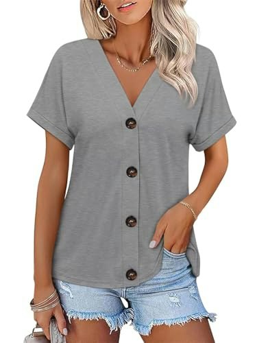 Orandesigne Women's Short Sleeve Button Down V-Neck Top: $16.98 Orandesigne Women's Short Sleeve Button Down V-Neck Top: $16.98