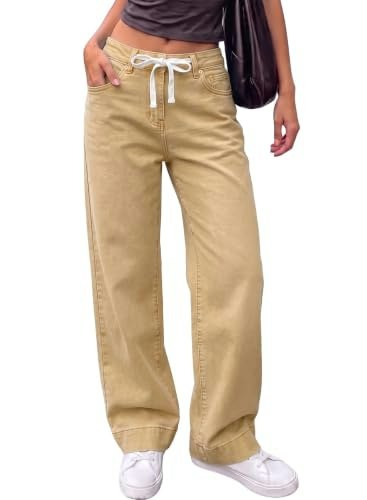 Sidefeel Women's Khaki Drawstring Baggy Denim Jeans: $39.08 Sidefeel Women's Khaki Drawstring Baggy Denim Jeans: $39.08