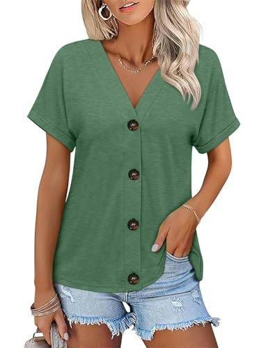 Orandesigne Women's Short Sleeve Button Down V-Neck Top: $19.53 Orandesigne Women's Short Sleeve Button Down V-Neck Top: $19.53