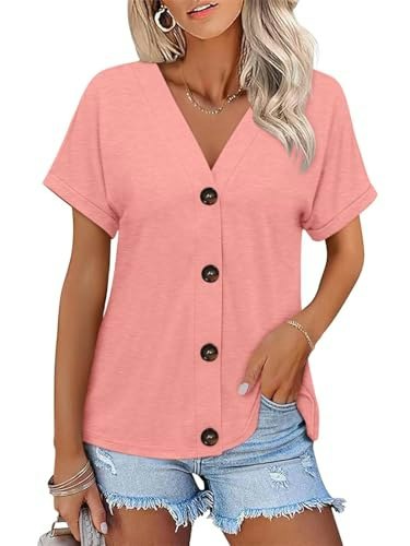 Orandesigne Women's Short Sleeve Button Down V-Neck Top: $17.97 Orandesigne Women's Short Sleeve Button Down V-Neck Top: $17.97