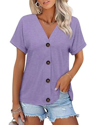Orandesigne Women's Short Sleeve Button Down V-Neck Top: $16.98 Orandesigne Women's Short Sleeve Button Down V-Neck Top: $16.98