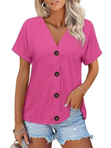 Orandesigne Women's Short Sleeve Button Down V-Neck Top: $16.98 Orandesigne Women's Short Sleeve Button Down V-Neck Top: $16.98
