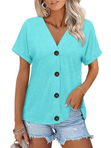 Orandesigne Women's Short Sleeve Button Down V-Neck Top: $16.98 Orandesigne Women's Short Sleeve Button Down V-Neck Top: $16.98