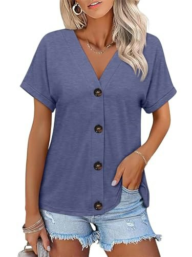 Orandesigne Women's Short Sleeve V-Neck Button Down Shirt: $16.98 Orandesigne Women's Short Sleeve V-Neck Button Down Shirt: $16.98