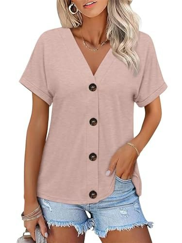 Orandesigne Women's Short Sleeve Button Down V-Neck Top: $17.97 Orandesigne Women's Short Sleeve Button Down V-Neck Top: $17.97