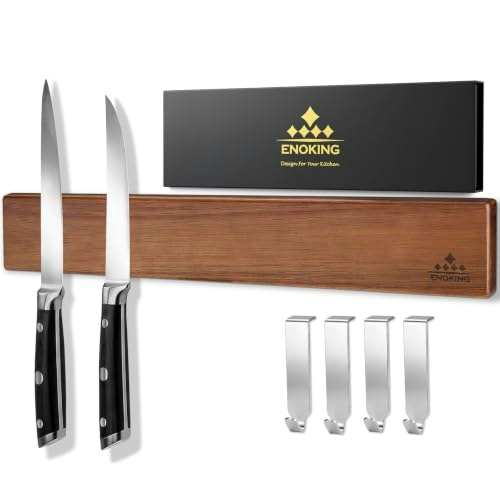 16-Inch Acacia Wood Magnetic Knife Holder with 4 Hooks: $24.99