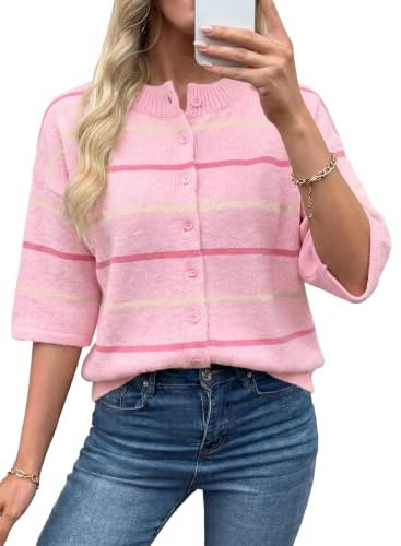 Evaless Women's Striped 3/4 Sleeve Button Knit Cardigan: $23.98 Evaless Women's Striped 3/4 Sleeve Button Knit Cardigan: $23.98