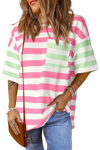 Tankaneo Women's Oversized Striped Color Block T-Shirt: $14.98