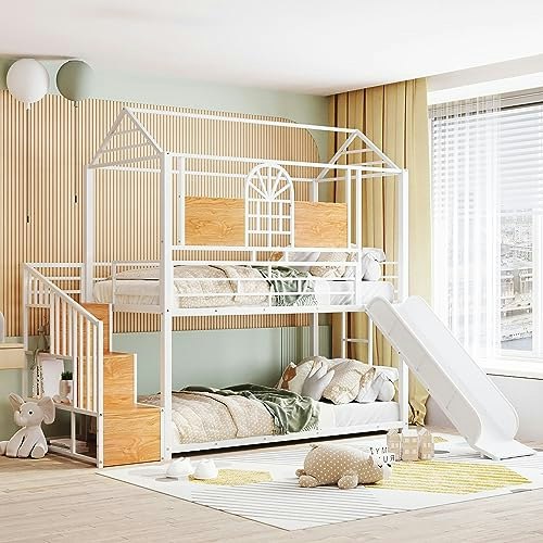 Merax Twin-Over-Twin Metal House Bunk Bed with Slide and Storage Stairs: $433