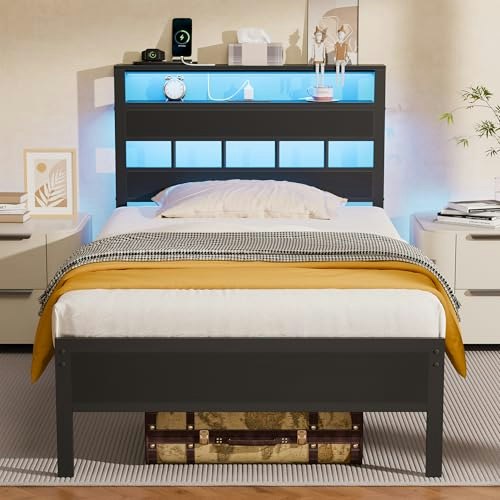 Furnulem Twin Bed Frame with Charging Station and LED Lights: $89.98