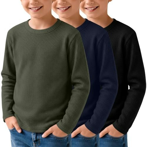 LessonZoo Boys Waffle Long Sleeve Shirt 3-Pack: $28.04