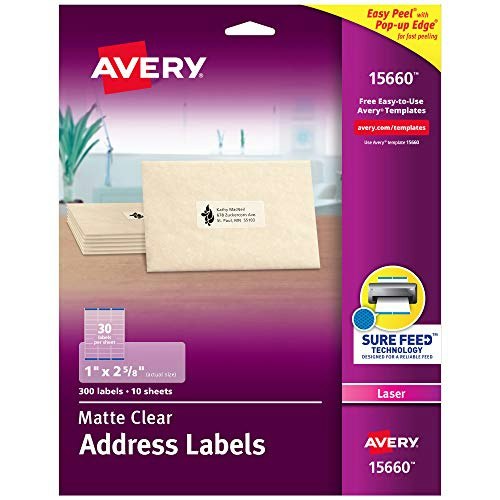 Avery 1" x 2-5/8" Printable Clear Address Labels 5-Pack: $70.22 Avery 1" x 2-5/8" Printable Clear Address Labels 5-Pack: $70.22