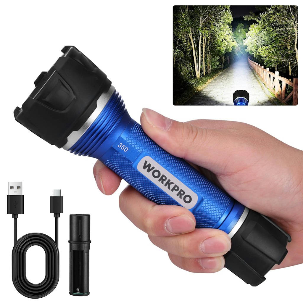 WorkPro Aluminum Rechargeable LED Flashlight: $11