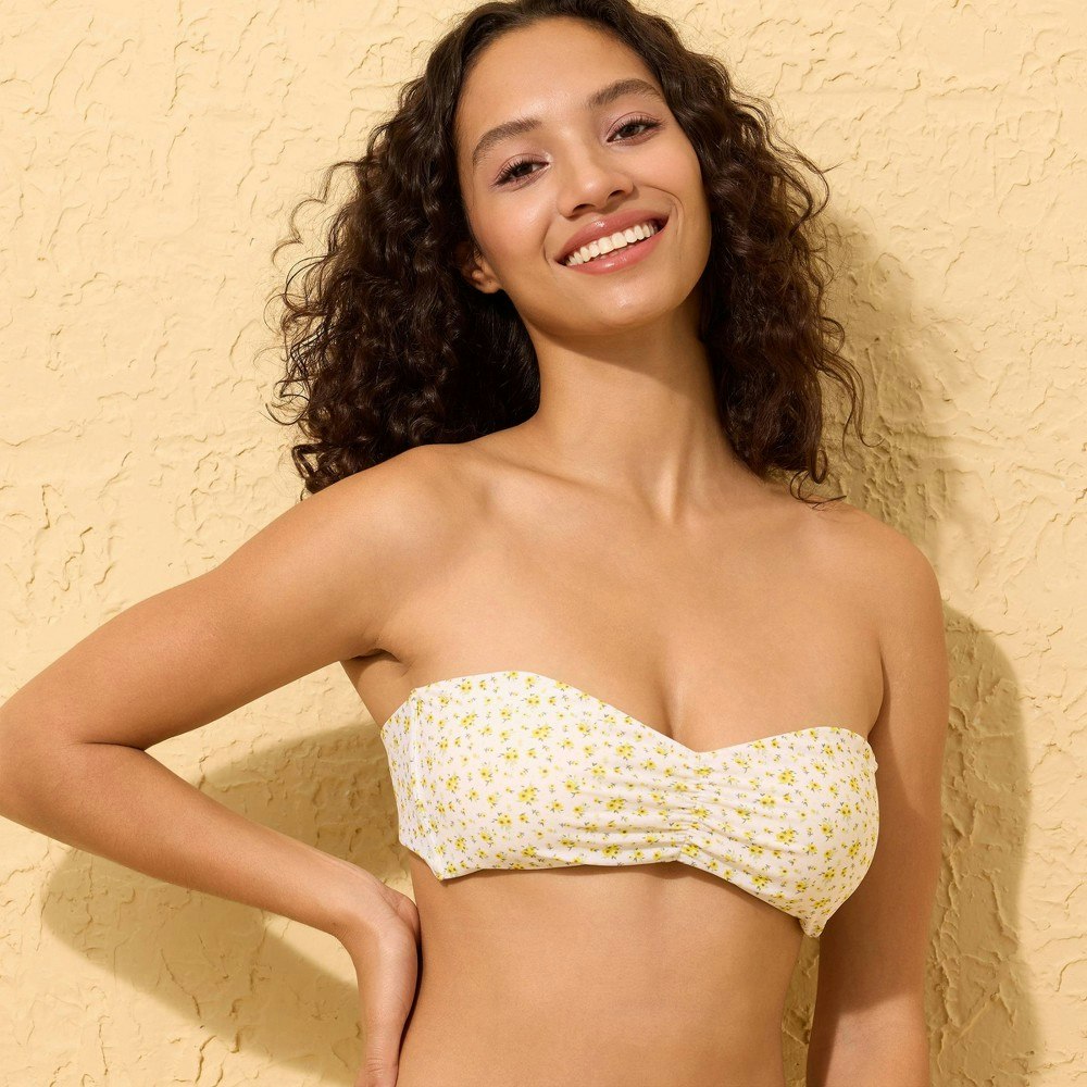 Women's Ruched Floral Bandeau Bikini Top: $20 Women's Ruched Floral Bandeau Bikini Top: $20