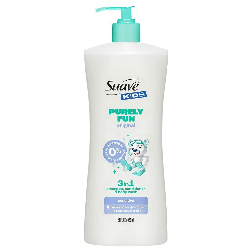 Suave Purely Fun Sensitive 3-in-1 Shampoo, Conditioner, and Body Wash 28-oz.: $6.99 Suave Purely Fun Sensitive 3-in-1 Shampoo, Conditioner, and Body Wash 28-oz.: $6.99