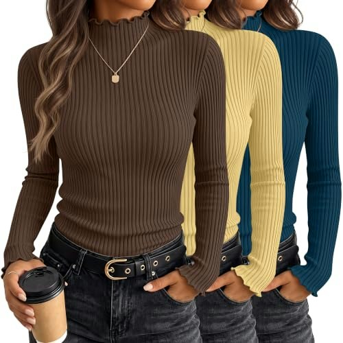 Huukeay Women's Mock Turtleneck Long Sleeve Shirts 3-Pack: $26.39