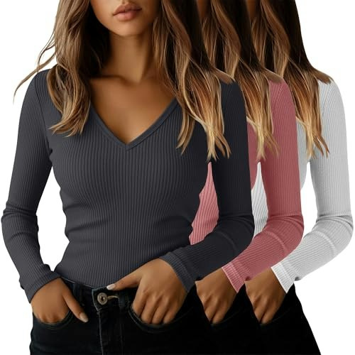 Ficerd Women's Long Sleeve V-Neck Ribbed Shirt 3-Pack: $30.39 Ficerd Women's Long Sleeve V-Neck Ribbed Shirt 3-Pack: $30.39