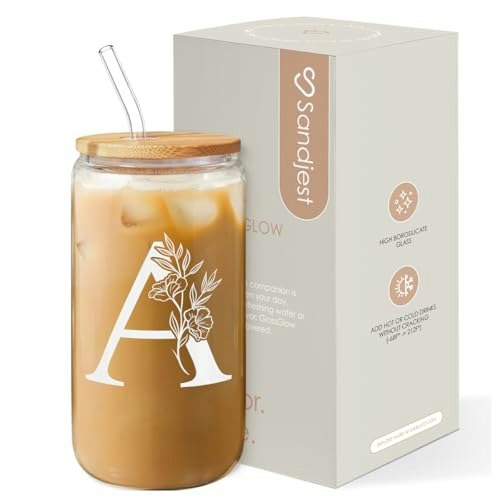 Sandjest Monogrammed 16-oz. Glass Can Cup with Lid and Straw: $11.99 Sandjest Monogrammed 16-oz. Glass Can Cup with Lid and Straw: $11.99