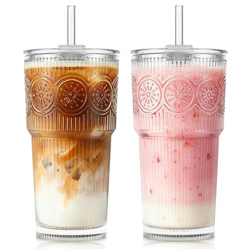 Kemorela 20-ounce Ribbed and Floral Iced Coffee Glass Cup with Lid: $15.99 Kemorela 20-ounce Ribbed and Floral Iced Coffee Glass Cup with Lid: $15.99