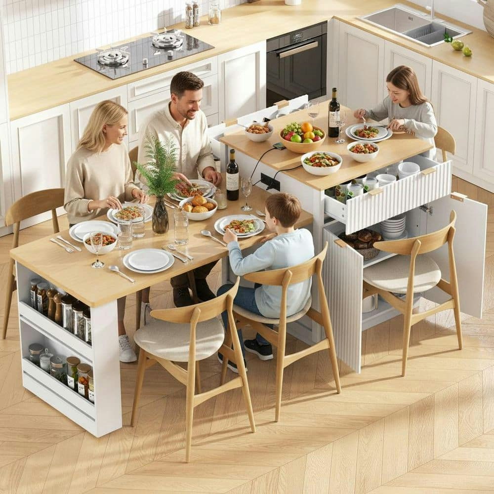 Rustic White Wood 82.6-Inch Extendable Kitchen Island Dining Table with Storage: $403.13 Rustic White Wood 82.6-Inch Extendable Kitchen Island Dining Table with Storage: $403.13