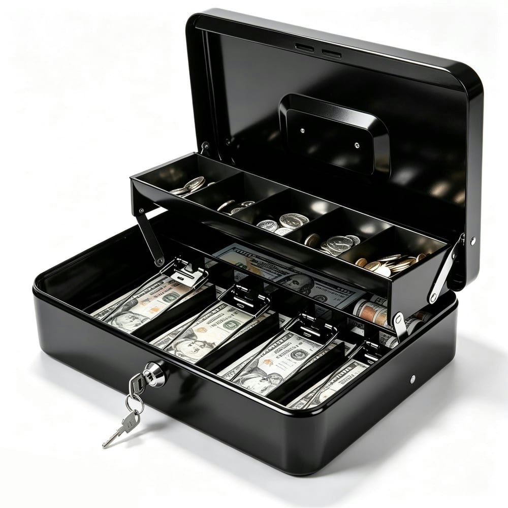 Alylo 11.8" x 9.45" x 3.74" Metal Cash Box with Money Tray: $22.36 Alylo 11.8" x 9.45" x 3.74" Metal Cash Box with Money Tray: $22.36