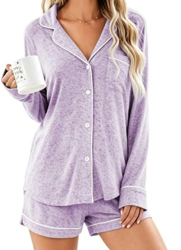 Aamikast Women's Long Sleeve Button-Down Pajama Set: $34.39