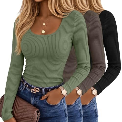 Ficerd Women's Long Sleeve Ribbed Cotton Fitted Shirts 3-Pack: $29.59