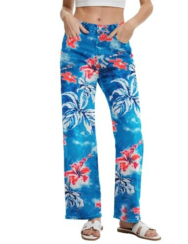 Daoao Women's Vintage Floral Print Wide Leg Denim Jeans: $29.99