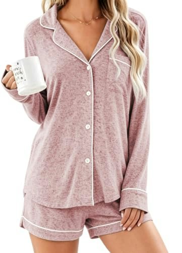 Aamikast Women's Long Sleeve Button-Down Pajama Set: $21.49 Aamikast Women's Long Sleeve Button-Down Pajama Set: $21.49