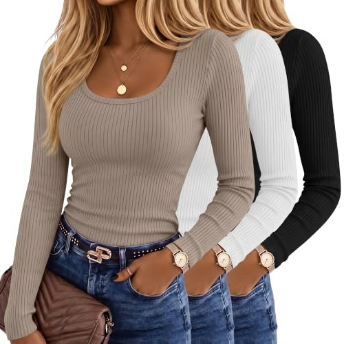 Ficerd Women's Long Sleeve Ribbed Cotton Fitted Shirts 3-Pack: $28.49