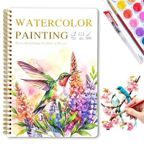 Watercolor Workbook for Beginners with 20 Floral Birds, 24-Color Palette, and 2 Brushes: $13.59 Watercolor Workbook for Beginners with 20 Floral Birds, 24-Color Palette, and 2 Brushes: $13.59